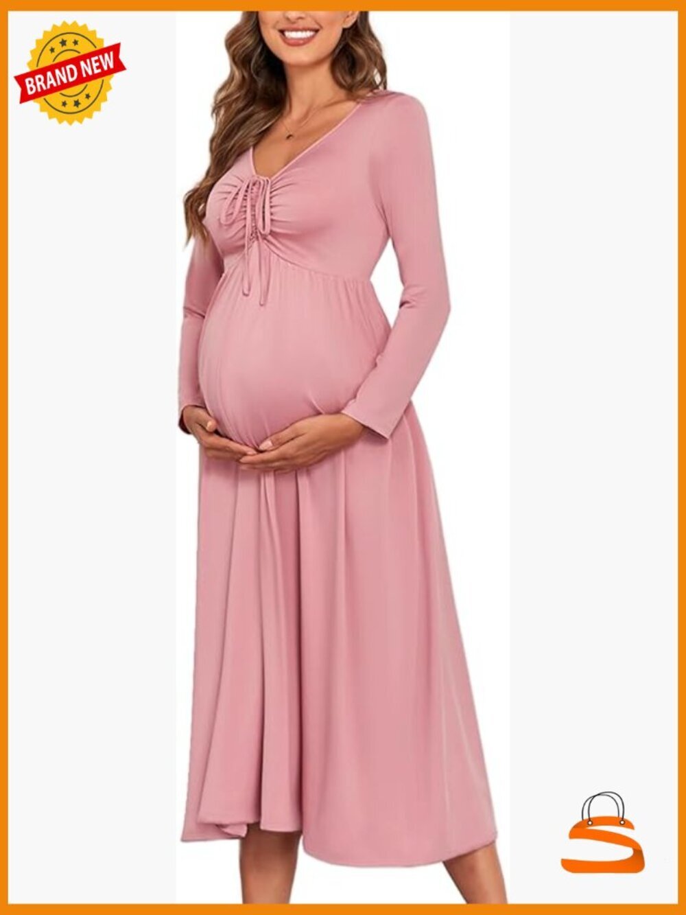 Maternity Tie Front Maxi Dress Long Sleeve V Neck Flowy A Line Pregnancy Dress